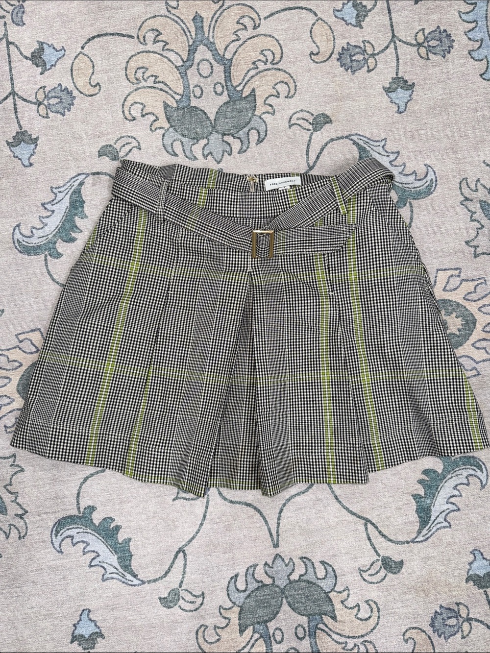 Plaid Belted Pleated Mini Skirt Preppy Houndstooth Pockets